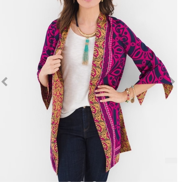 CHICOS Reversible Printed Kimono Size Pink Mustard Topper Open Front Small - Picture 2 of 4